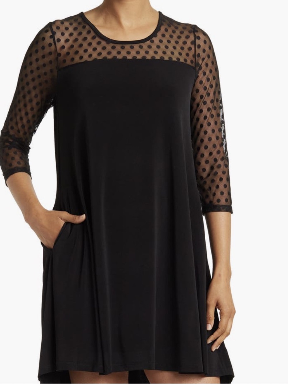 NWT Nina Leonard BlackPolka Dot Mesh Yoke & Sleeve,High Low stretch,dress size L